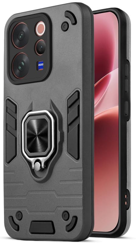 Mr. Case Back Cover for Vivo V70 5G with 360° Rotating Ring Stand | Dual Layer Shockproof Protection | Tough Frame | Raised Camera Protection Case – Grey