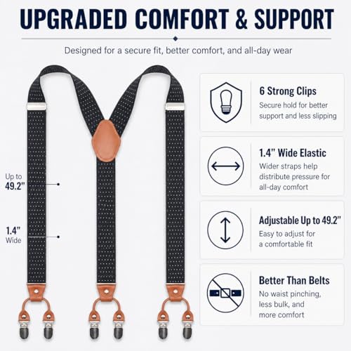 Image of Men's Heavy Duty Y-Back Suspenders, 6 Strong Metal Clips Adjustable Elastic Straps for Work, Tuxedos, and Daily Wear