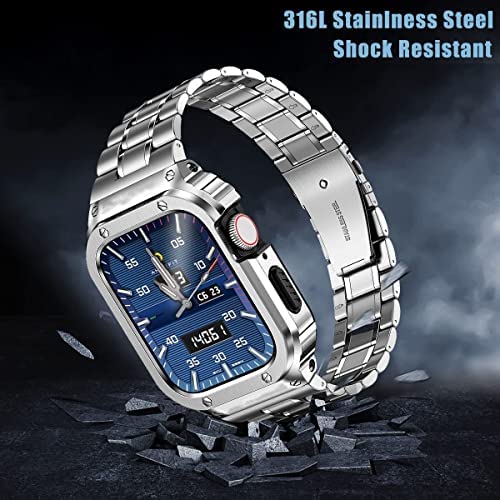 MioHHR Stainless Steel Watch Band with Case Compatible for Apple Watch Bands 42/44 mm,Rugged Strap with Metal Protective Bumper Cover for iWatch Series 6/5/4/SE/3/2/1 for Men(Silver) - Image 3