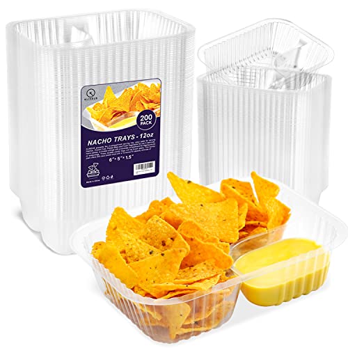 Klineus 200 Pcs Nacho Trays for Party, 6x5 inches Nacho Trays Disposable, 2 Compartments Clear Plastic Nacho Containers with Chip and Dip Holder, Nacho Tray for Kids, Movie Theater, Festivals 12OZ