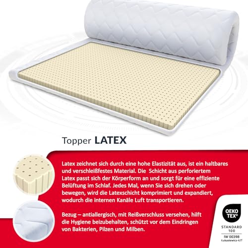 FDM Matratzentopper Latex MAX Matratze Topper 90x200 cm Härtegrad H3 Höhe ca. 4 cm Allergiker Geeignet Öko-Tex Weiß