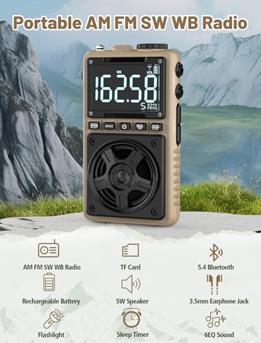 Image of Bluetooth AM FM Shortwave Radio with NOAA Weather Alert,1250mAh Rechargeable Portable Pocket Radio with Best Reception,5W Big Speaker, Digital Tuner and Earphone,Support SD Card and USB Player(Brown)