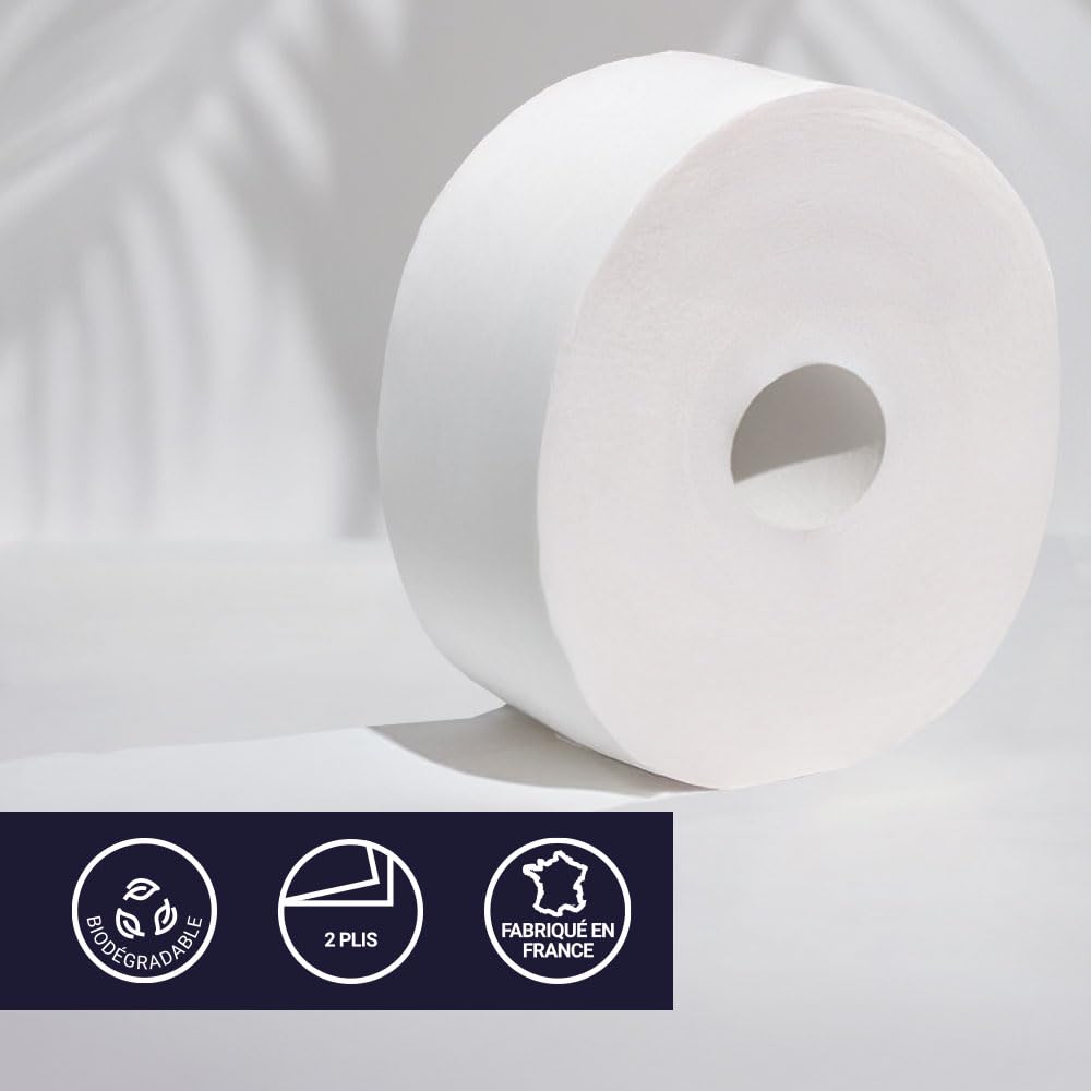 Lot de 6 Rouleaux x 350 m, Papier Toilette Maxi Jumbo 2 Plis, Pure Ouate de Cellulose Blanche, Doux, Résistant, Usage Professionnel-Papergooddeal