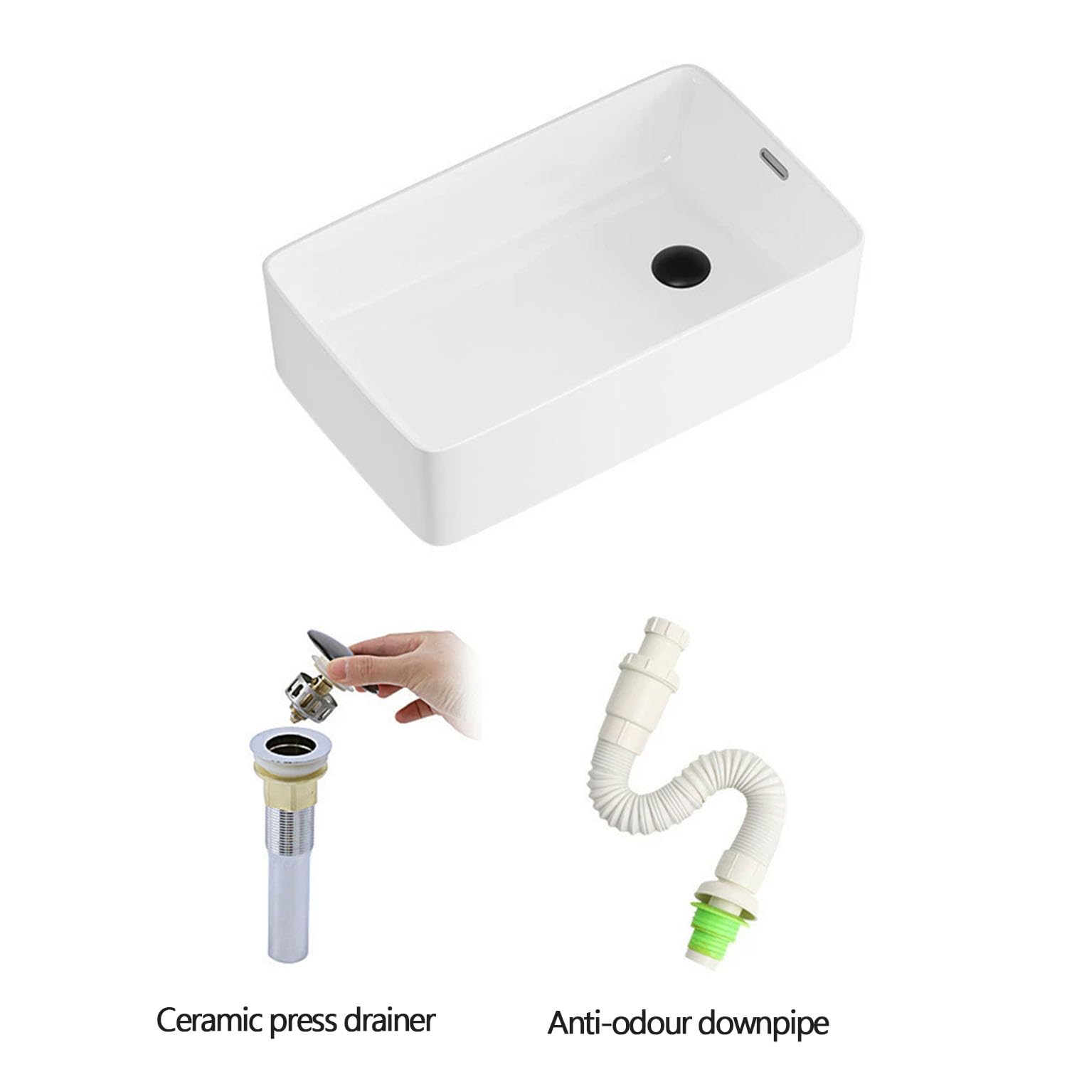 Lavabo da Appoggio in Ceramica con Troppopieno, Lavello Rettangolare Moderno con Scarichi Laterali e Scarico Pop-up per Bagno e WC degli Ospiti