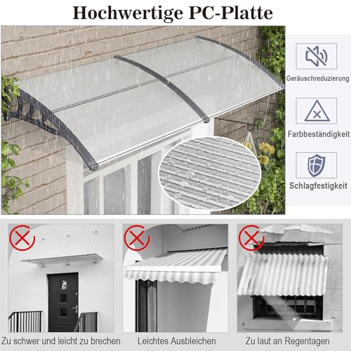 COSTWAY Vordach für Haustür 199 x 99 cm, Überdachung aus Aluminium und Polycarbonat, Transparentes Pultbogenvordach, Haustürvordach, Pultvordach, Haustürdach, Türvordach für Eingangsbereich (Silber)