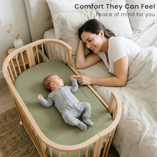 Image of Konssy 2 Pack Muslin Bassinet Sheets for Boys, Girls, 100% Cotton Soft Breathable Fitted Bassinet Mattress Sheet, 33 x 21 inches (Fog Green,Cream)