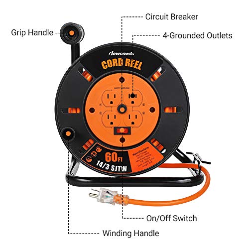 Dewenwils 60Ft Power Cord Reel, Heavy Duty Retractable Extension Cord For Indoor/Outdoor, 14/3 Sjtw, Metal Stand Open Cord Reel With 4 Grounded Outlets, 13A Circuit Breaker, Handle Rewind, Etl Listed #TOP2