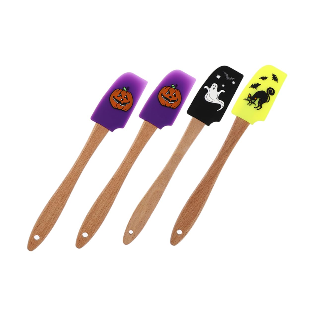 PRETYZOOM 4Pcs Halloween Silicone Spatula Set with Wood Handle Festive Non Stick Baking Tools for Icing Mixing Decorating Cakes Halloween Patterns for Creative