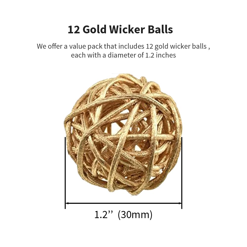 Acoeitl 12PCS 1.2 Inch Gold Wicker Rattan Balls Fade Resistant Decorative Orbs for Home Decor Wedding Centerpiece Bowls Vase Fillers Decorative Spheres for Bowls Table Decor (30mm)