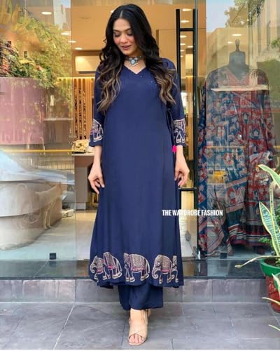 Image of Women's Rayon Embroidered Straight Kurti with Pant Set