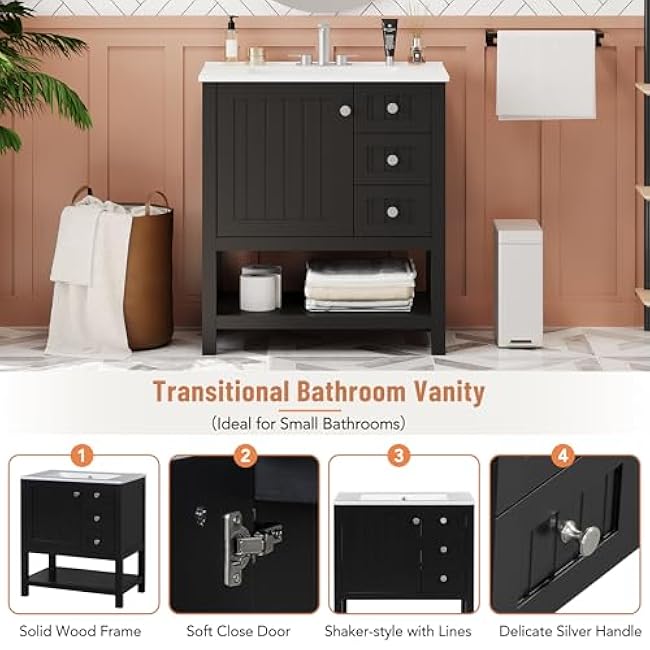 30 Inches Transitional Bathroom Vanity Cabinet Combo with Ceramic Sink, Soft Close Doors Drawers, Black Finish for Bathroom Living Room (2 Drawers + 1 Door)