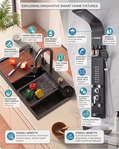 Image of X-XONIER 304 Grade Stainless Steel 6 In 1 Shower panel and All in One Sink Combo Multifunction Handheld Mist Spray Temperature Display (black)