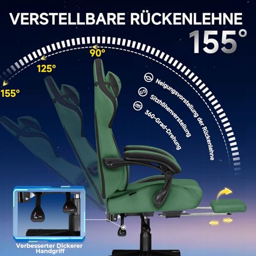 Sedia da gaming, ergonomica, in Tessuto tecnico, con supporto lombare, sedia PC con schienale allargato, portata fino a 150 kg, colore: verde - Sedia gaming - Immagine 6