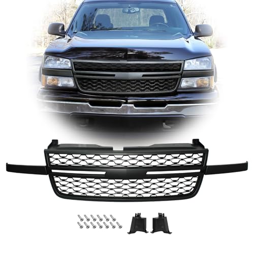 MGWILL Front Upper Grille Grill Compatible with 2005 2006 2007 Chevy Silverado 1500 2500HD 3500 Black