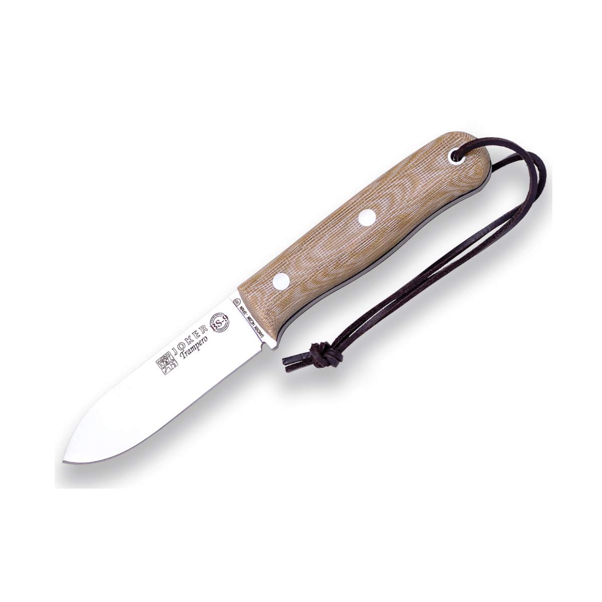 Cuchillo de monte y caza "Trampero" Joker CM113-P, Mango Micarta Canvas Marrón, hoja de 10,5 cm acero Sandvik 14c28n , con funda piel, pedernal, Herramienta de pesca, caza, camping y senderismo