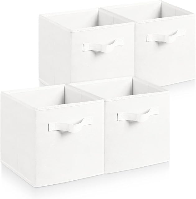 Hibtn Set of 4 Foldable Storage Box, 33 x 38 x 33 cm, Fabric with Handles Storage Cubes And Cloth Storage Organizer Drawer For Closet And Toys Storage, White