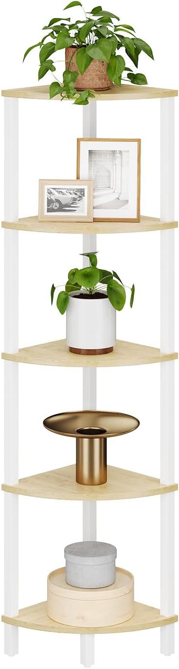 VIMBER Corner Shelf, 5-Tier Corner Bookshelf, Industrial Corner Ladder Shelf, Rustic Display Shelf for Living Room, Bedroom, Kitchen, Home Office, Rustic Brown and Black UJSJ001Q