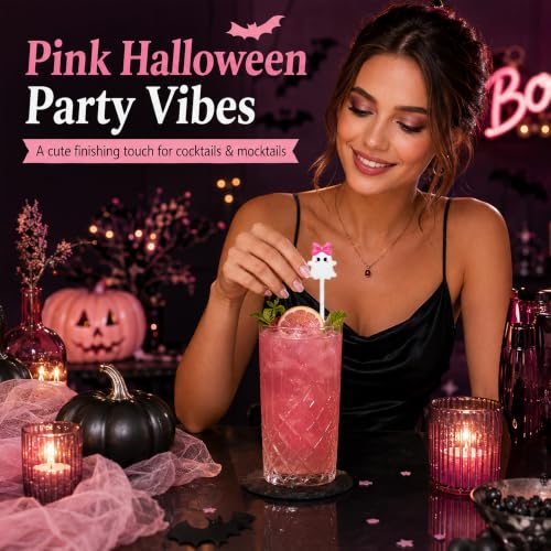 36 Pcs Pink Ghost Cocktail Stirrers, 7.1 Inch Halloween Swizzle Sticks - image 8