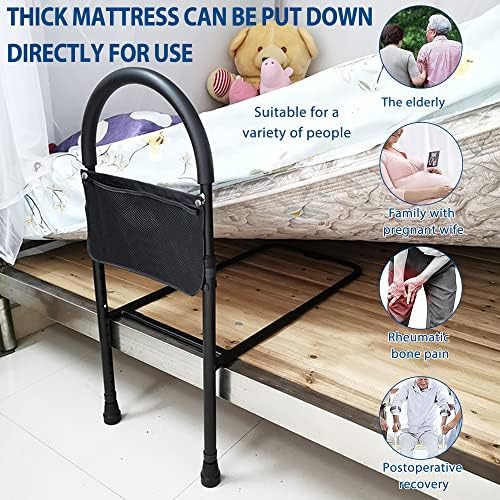 Bed Assist Rail with Adjustable Heights Safety Hand Rail Bedside Home Safety Handle Bed Rail Bed Assist Handle With Storage Pocket Easy to get in or Out of Bed Safely with Floor Support (Black)