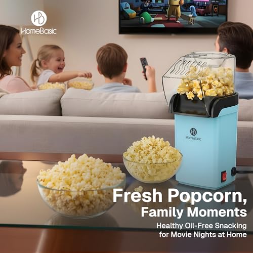 Image of HOMEBASIC 1200W Hot Air Popcorn Maker, Oil-Free Electric Popper, Fast 3-Min Popping, One-Touch Operation, Easy Clean, Fast & Healthy Snack Machine for Movie Nights, Home, Kids & Parties