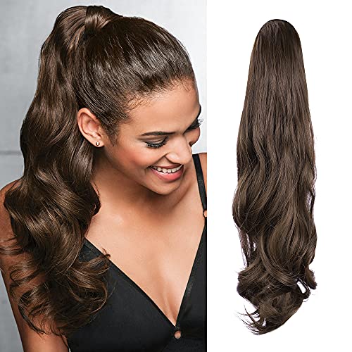 CAUGHTOO Ponytail Extension Wrap Around Ponytail Hair Extension for Women 22 Inch Long wavy Ponytail Extension Synthetic Clip in Ponytail Hairpiece for White Black Women Daily Useï¼ˆMedium brownï¼‰