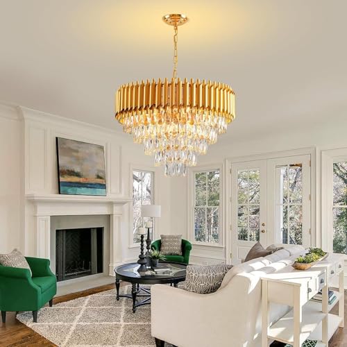 Image of Desidiya Modern Crystal Pendant Light Golden Round Ceiling Light Fixture for Living Room and (Antique, 5Tier 600mm) and 3 Colors Led Plate Included Warm White, Natural Light, Golden Light (500MM)