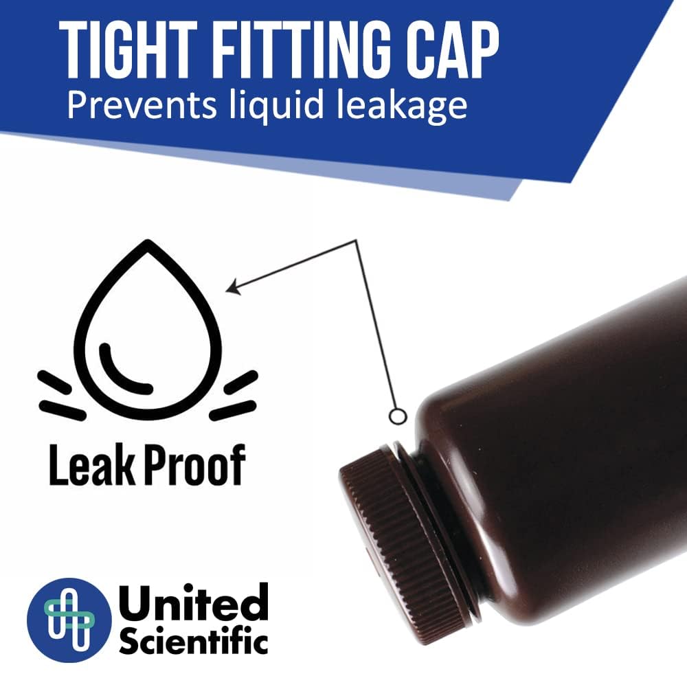 United Scientific® 33465PK2 - Sample Containers with Lids - Laboratory Grade Amber HDPE Wide Mouth Reagent Bottle - 16 Oz Bottles (500ml) Multi-Purpose Plastic Bottles with Lids, Pack of 2