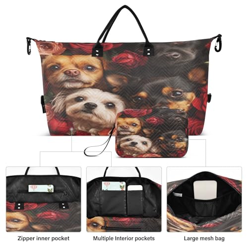 Burbuja Travel Duffel Bag for Women, Dogs Roses Weekender Overnight Bag Shoulder Carry On Tote Bag with Trolley Sleeve, Gym Bag with Toiletry Bag, Large Size2