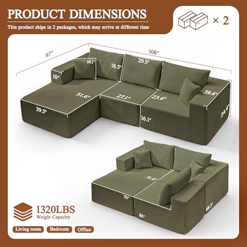 Image of Modular Sectional Sofa for Living Room, 108 inch Cloud Couch Sectional with L-Shape Chaise, Modern Upholstered Corduroy Boneless Couch with Memory Foam Deep Seat, No Assembly Required (Green)