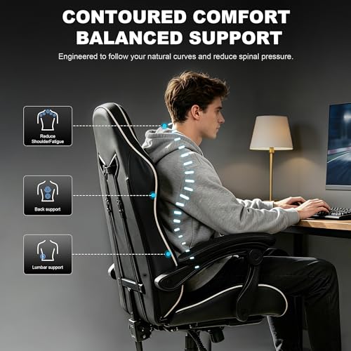 Image of Ergonomic Gaming Chair for Adults, Reclining Computer Office Desk Chair with Footrest, Pocket Spring Cushion,Linkage Armrests, Lumbar Support & Headrest, Heavy-Duty Enlarged Metal Base,White