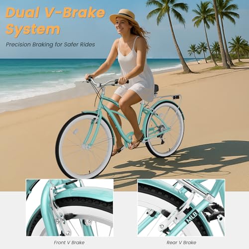 Image of MOONCOOL Beach Cruiser Bike for Women and Men, 24 /26 Inch 7-Speed Adult Bicycle, Comfortable Step-Through Frame with Rear Rack, Classic City Cruiser