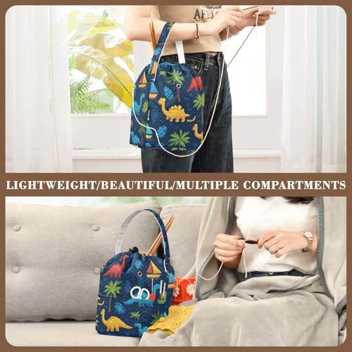 Image of Tatenale Crochet Bag Yarn Bag Knitting Project Bag with Pockets and Handle Portable Yarn Storage Organizer Tangle Free 8.3x11 InchTropical Leaves and Multicolored Dinosaurs34