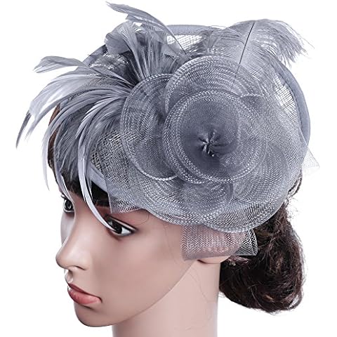 Fascinators Hat for Women,Flower Feathers Mesh Cocktail on a Headband Hair Clip Tea Party Headwear(silver grey) Cover