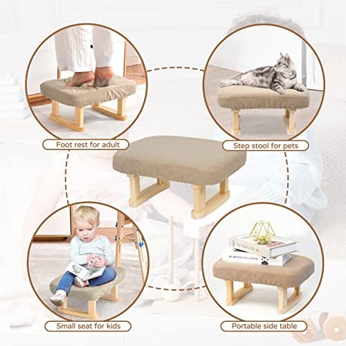 TANOSAN Wooden Foot Stool, 15 Inches Small Step Stool with Non-Slip Pad, Rectangular Sofa Footrest Soft Seat Pouf Ottoman for Living Room, Couch, Desk, Bedroom(Beige)