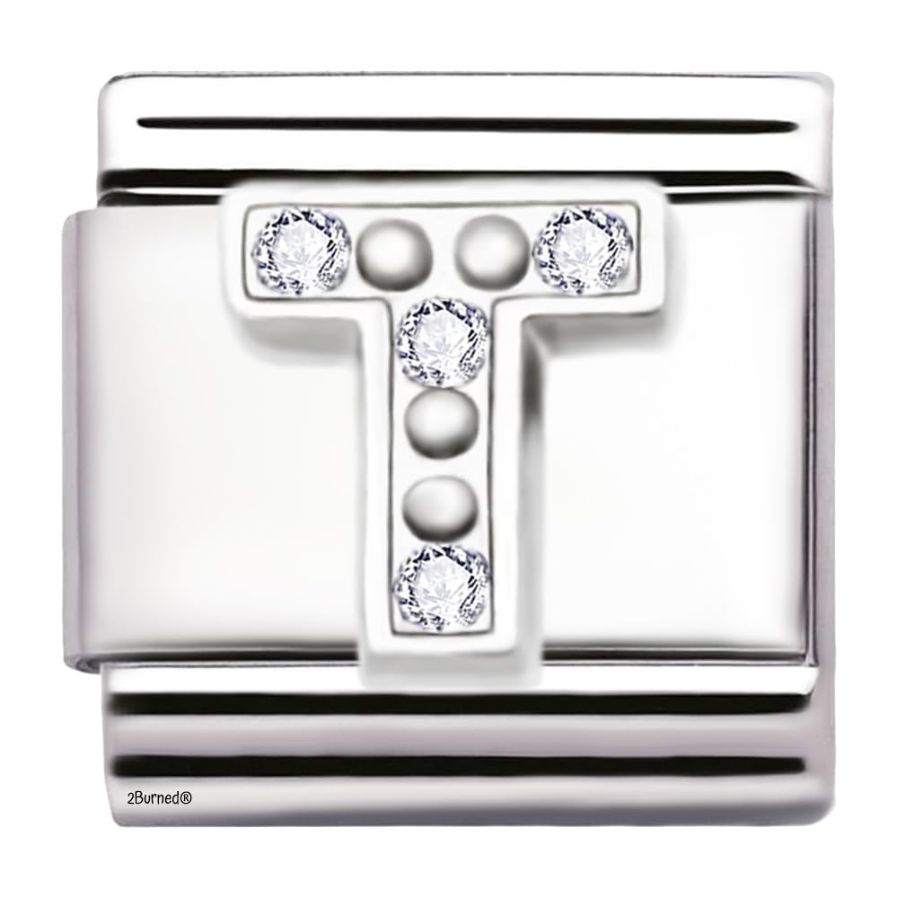 A-Z Letter Cubic Zirconia Italian Charm Links for 9mm Bracelets (Letter T)