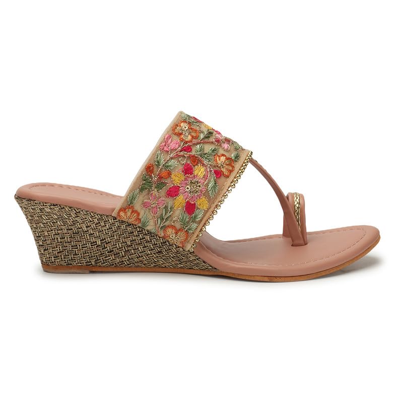 Image of DIPYO Floral Embroidered Ethnic Wedge Heel Slip-On Sandals for Women (Golden, Pink)