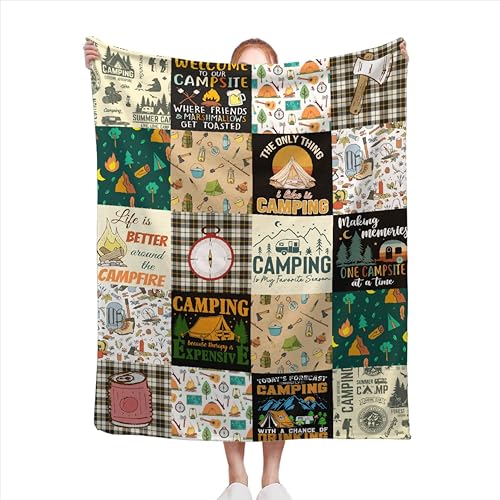 Retro Camping Collage Blanket, Gifts for Women Men Camper Camping Lover, Lightweight Flannel Soft Throw Fuzzy Warm Plush Quilt for Bed Sofa Office Travel Room Decor 60''x 80'' for Adult