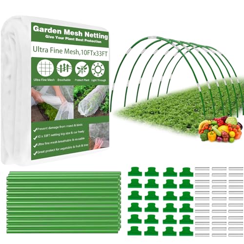 Garden Mesh Netting Kit, 10x33FT Ultra Fine Mesh Netting with 6 Sets Fiberglass Garden Hoops & 24 Clips for Raised Beds Vegetable Flowers Protection Barrier Plant Covers Net