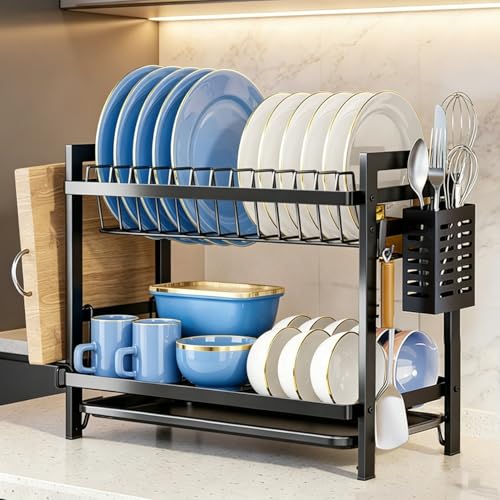 Image of COMFYHOME Utensils Drying Rack,2-Tier Stainless Steel Dish Drying Rack, Saving Countertop Organizer with Drainboard, Drainer Tray & Utensil Holder,Rust-Resistant Suitable for Plates, Cutlery, Bowls