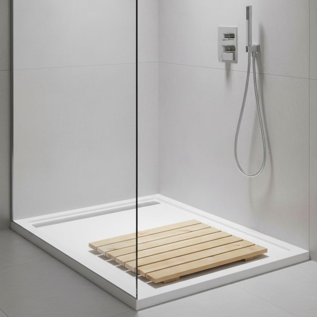 SUNWOOD Pedana Doccia Antiscivolo 70x70 cm, in Legno Massello di Pino - Finitura Rovere Chiaro