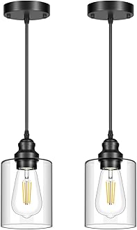 Licperron 2 Pack Modern Black Pendant Lighting, Clear Glass Shade Pendant Lights Kitchen Island, Hanging Ceiling Light Fixture, Farmhouse Pendant Lighting for Dining Room Bedroom Bar Office