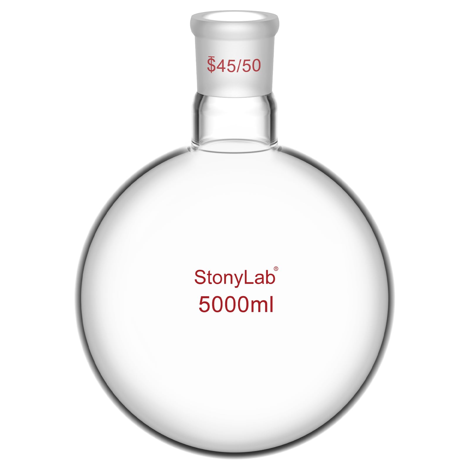 stonylab 5 L Matraz de Fondo Redondo RBF, Gran Capacidad Paredes Pesadas Cuello único Matraz de Laboratorio Borosilicato Fondo Circular de Vidrio Matraz Hirviendo con 45/50 Conexión Exterior Cónica