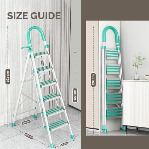 Image of Heavy Duty Steel Folding Ladder Steps with 7 Year Warranty* Foldable Stairs | Anti-Slip Step Ladder | Compact Folding for Home | Sturdy Stairs for Home Use & Storage (Aluminium Step 6)