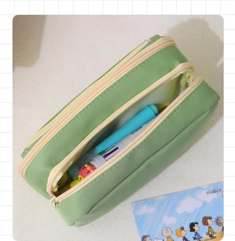 Image of Canvas School Bag Pencil Case, 3 Layer 6 Compartment Large Capacity, Aesthetic Pencil Pouch for Stationary, Cute Stationery for Kids, Pencil Case for Girls & Boys (Green T)