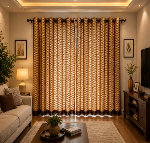 Image of Double Curtains 2 in 1 Embroidery Transparent Curtain with 80% Blackout Curtain Best for Every Interior Living Room (Coffee 8ft Set 02)