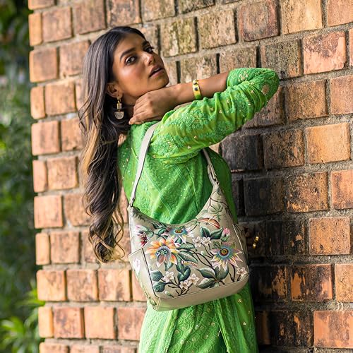 Image of Anuschka Women's Hand-Painted Genuine Vegetable Tanned Leather Classic Hobo With Side Pockets - Floral Passion