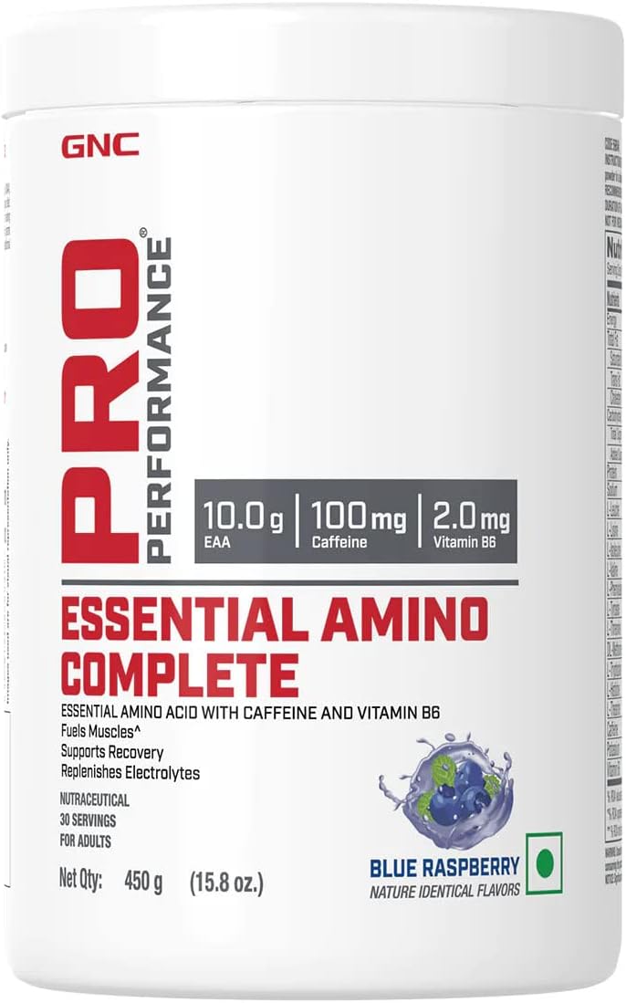 GNC Pro Performance Essential Amino Complete | 450 gm | 30 Servings | Fuels Muscle Growth | Beats Fatigue | Prevents Muscle Cramps | 10g EAA | 100mg Caffeine | 2mg Vitamin B6 | Blue Raspberry