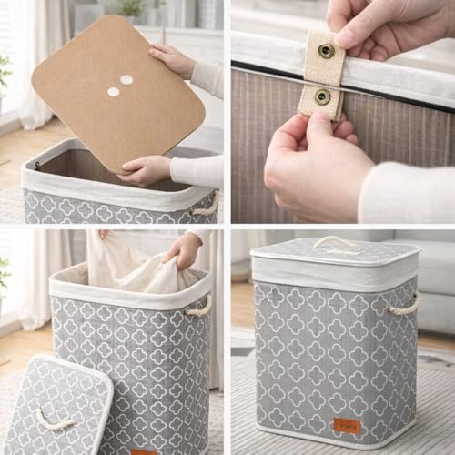 Image of Amazon Brand - Umi Rectangle Bamboo Laundry Basket for Clothes with Lid Quatrefoil Printed Hamper | Eco-Friendly, Foldable & Lightweight Organizer (Cream, 40x30x50 cm, Pack of 1)