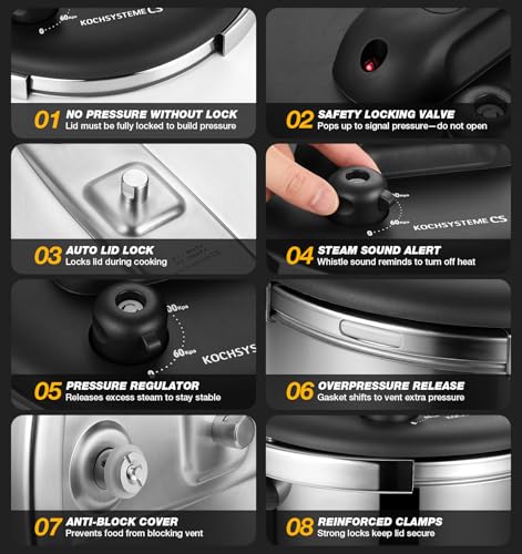 KOCH SYSTEME CS Stainless Steel Pressure Cooker 8.5QT, Olla de Presion, 18/10 Stainless Steel Pressure Cooker, Easy One-Press Lock, Stovetop Pressure Cookers, Induction Ready, Glass Lid & Steamer by KOCH SYSTEME CS - Used condition - Image 8