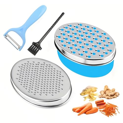 Cheese Grater, Graters for Kitchen with Container and 2 Size Lid, Cheese Shredder, Ginger Garlic Chocolate Graters, Vegetable Chopper Use for Carrots Cucumbers Onion Potato(Blue)